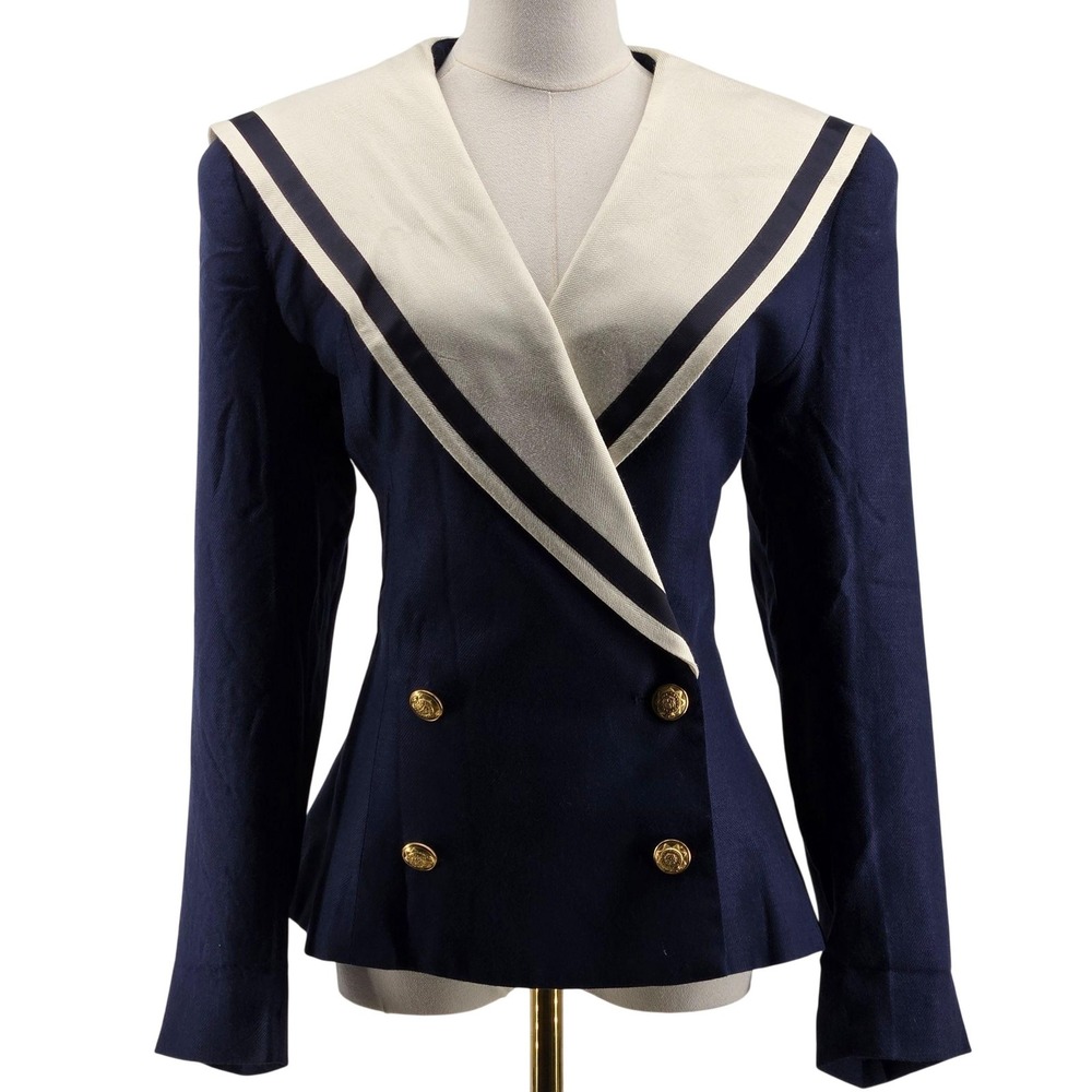 Vintage Ann Taylor Blazer Womens 12 Blue Pea Coat Collared Lined Gold‎ Button